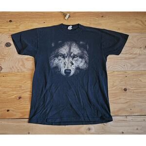 90s Wolf Face Graphic Black Gray T-shirt Sz L CMJ Sportswear